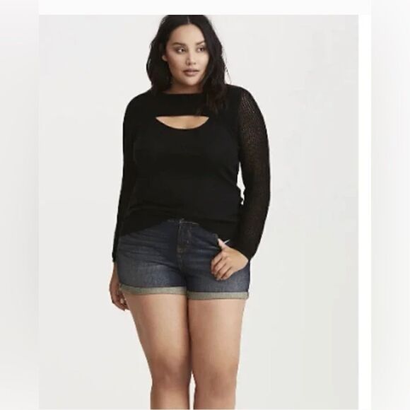 Torrid sz 4 fishnet active cutout slit front/back black sweater mesh/open stitch - Picture 2 of 6
